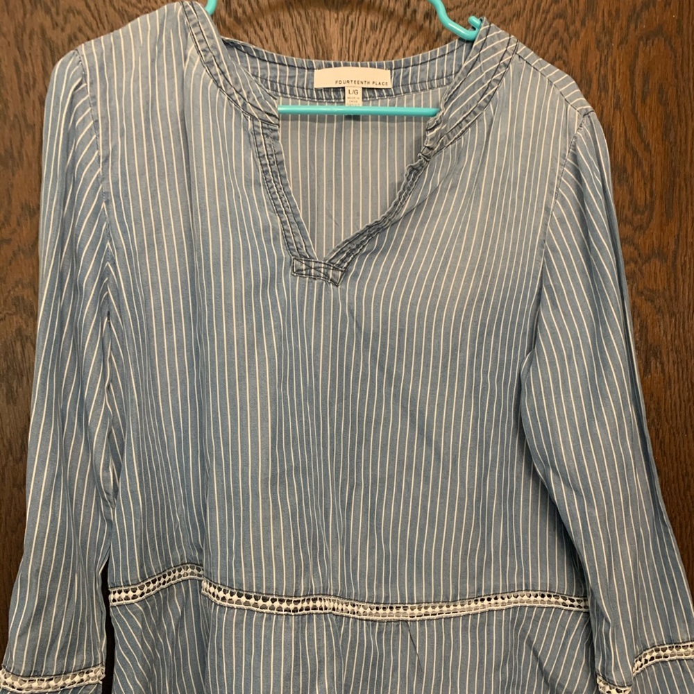 Blue and white bell sleeve top